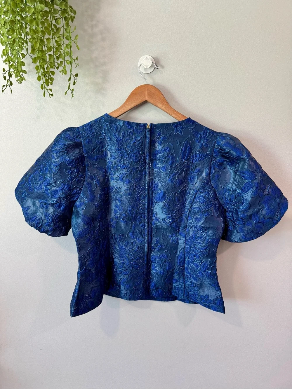 Lilly Pulitzer Royal Blue Brocade Puff-Sleeve Top Sz 14